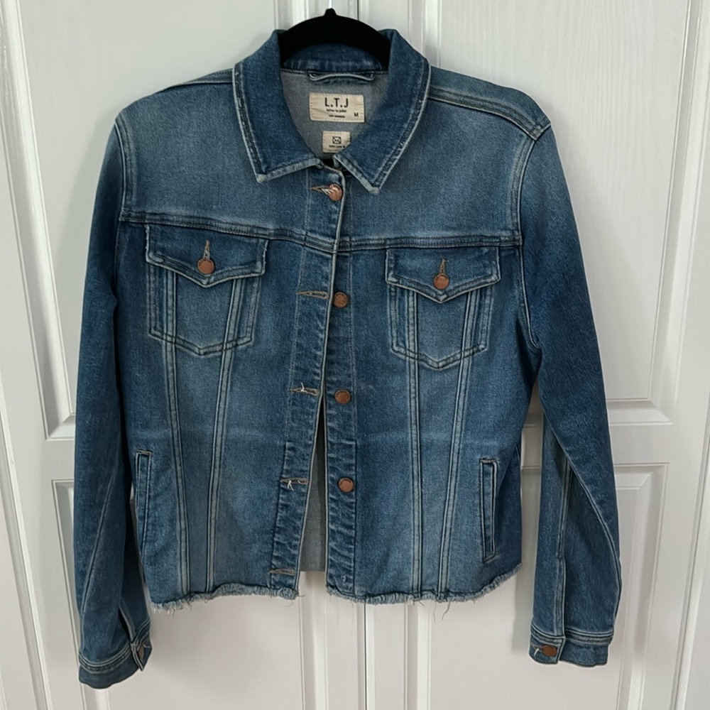 L.T.J. Denim stretch raw hem jacket, size medium